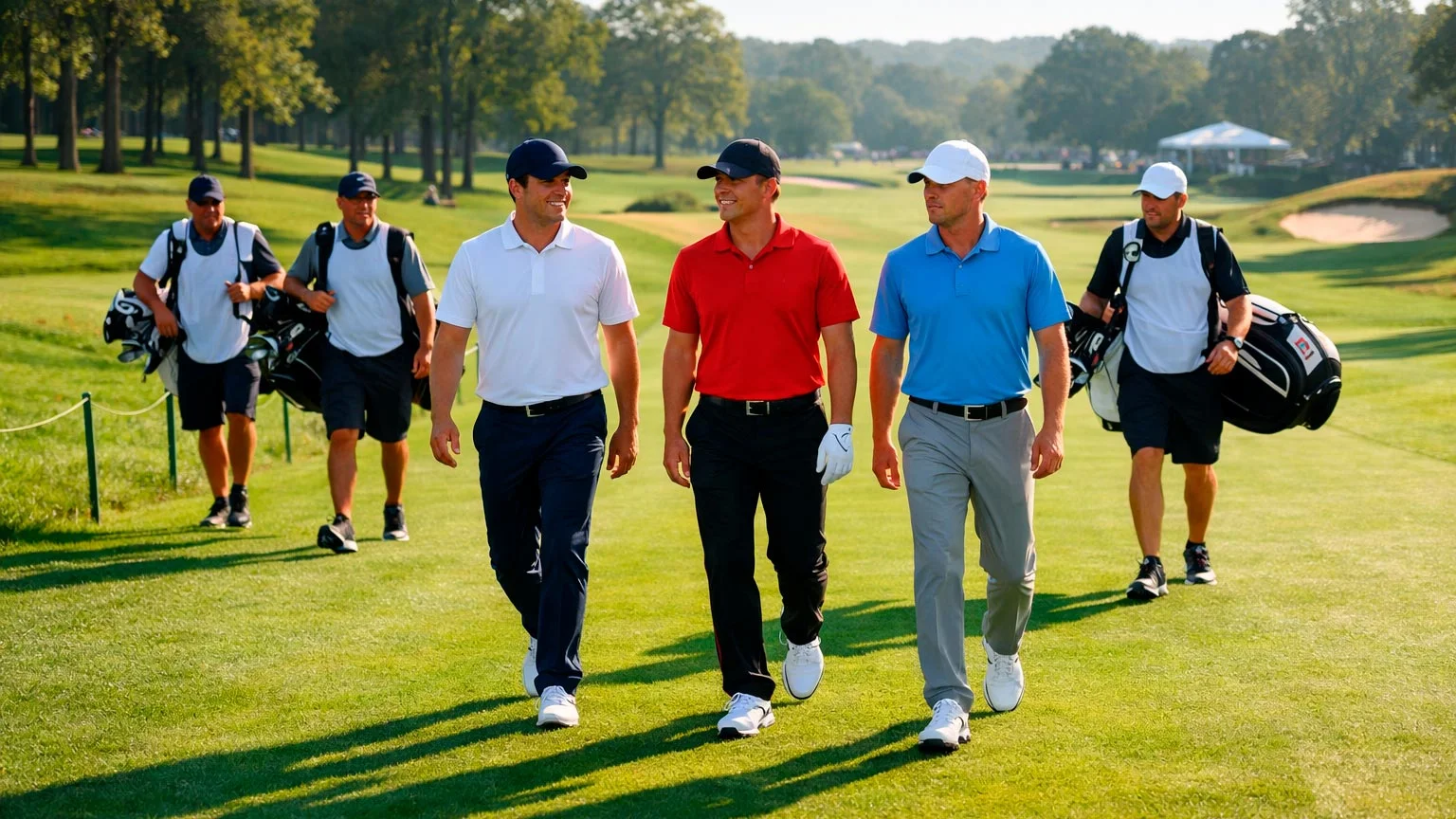 Drei Golfspieler in einer Spielgruppe auf dem Fairway – 2-Ball und 3-Ball Wetten Golf