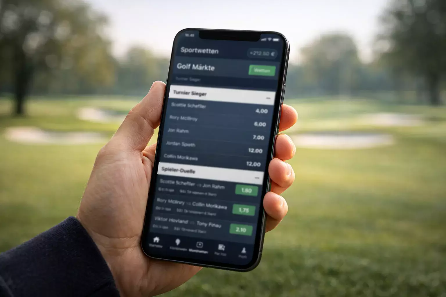 Smartphone mit Sportwetten-App und Golfmarkt
