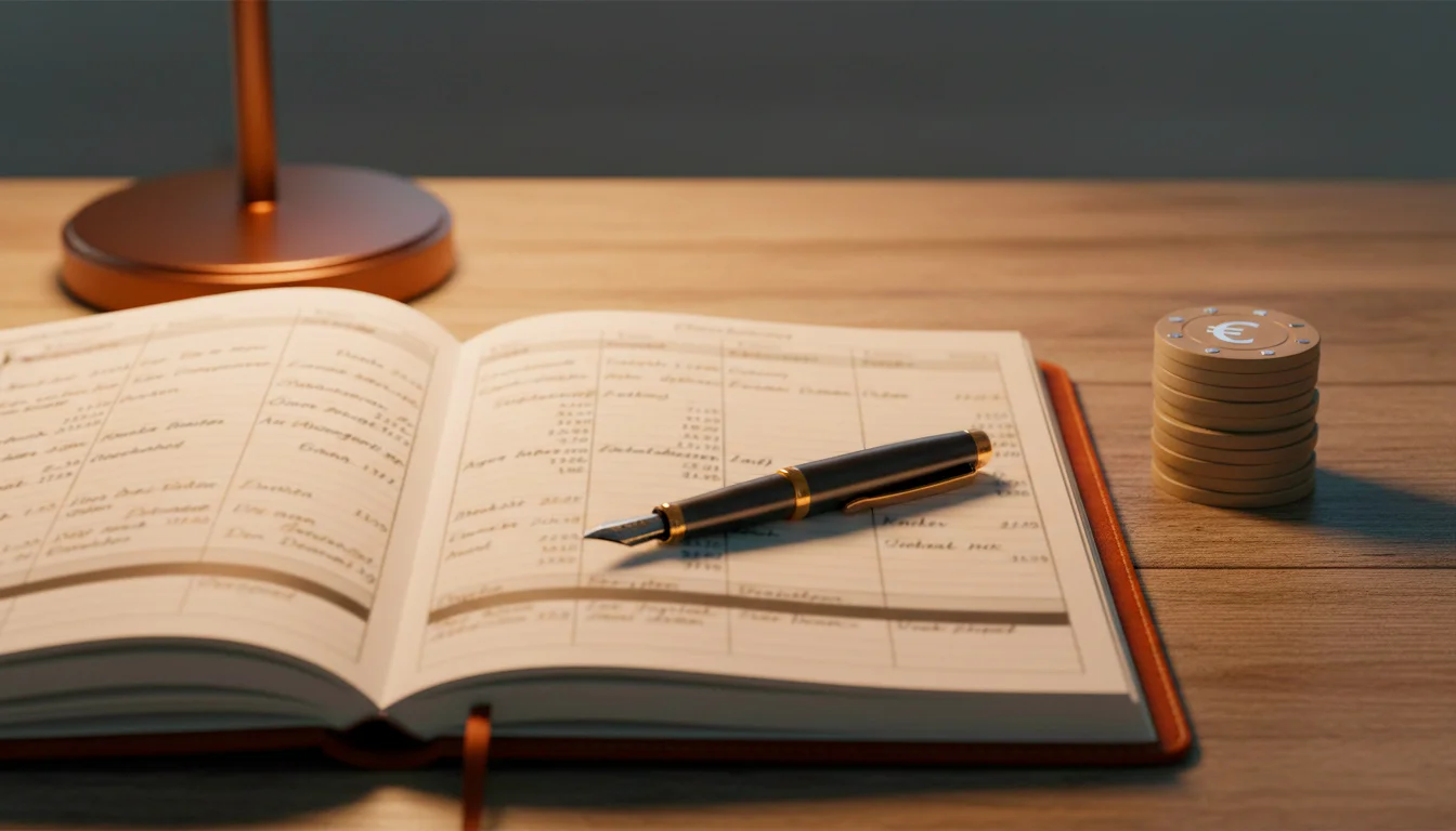 Notizbuch mit Einsatzplanung und Stift auf einem Schreibtisch – Bankroll Management Golfwetten