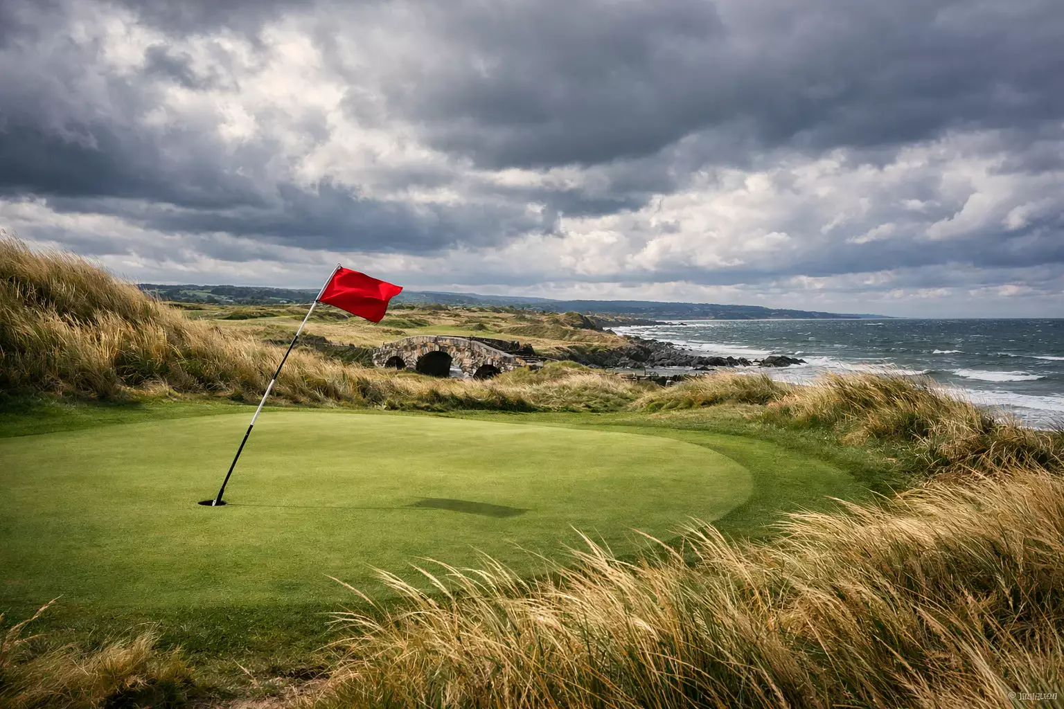Links-Golfplatz an der schottischen Küste bei Wind