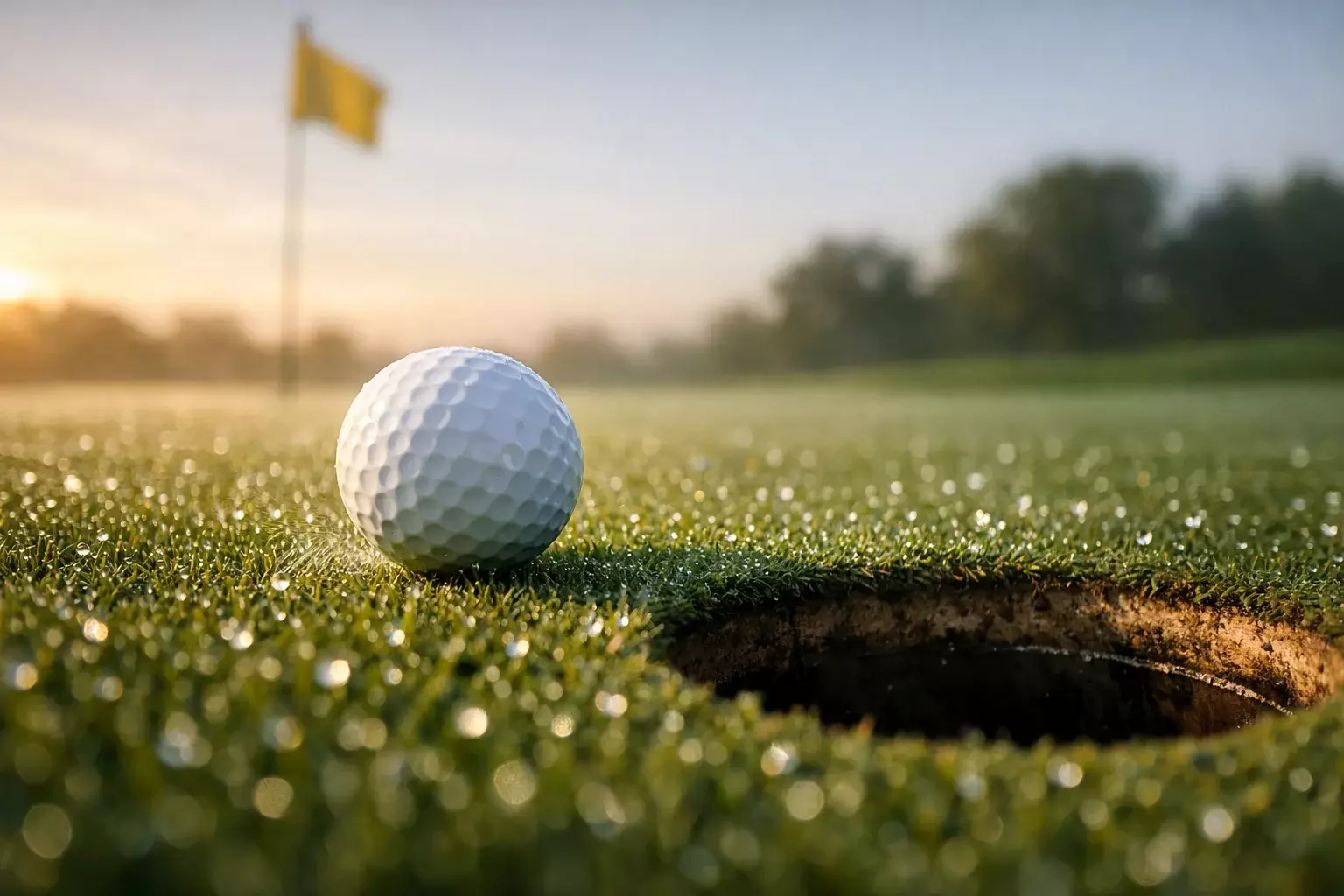 Golfball rollt Richtung Loch auf dem Grün