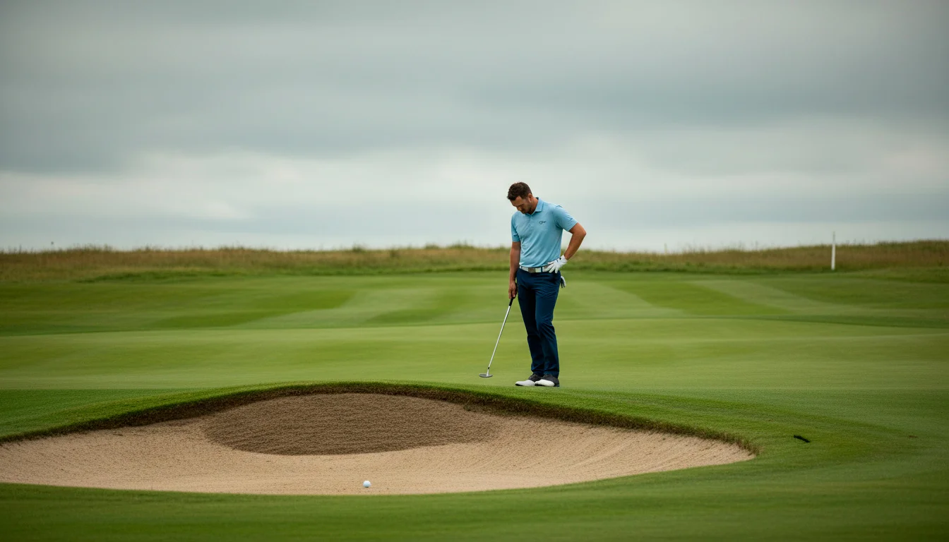 Golfspieler mit frustrierter Geste nach einem schlechten Schlag – Fehler bei Golfwetten vermeiden