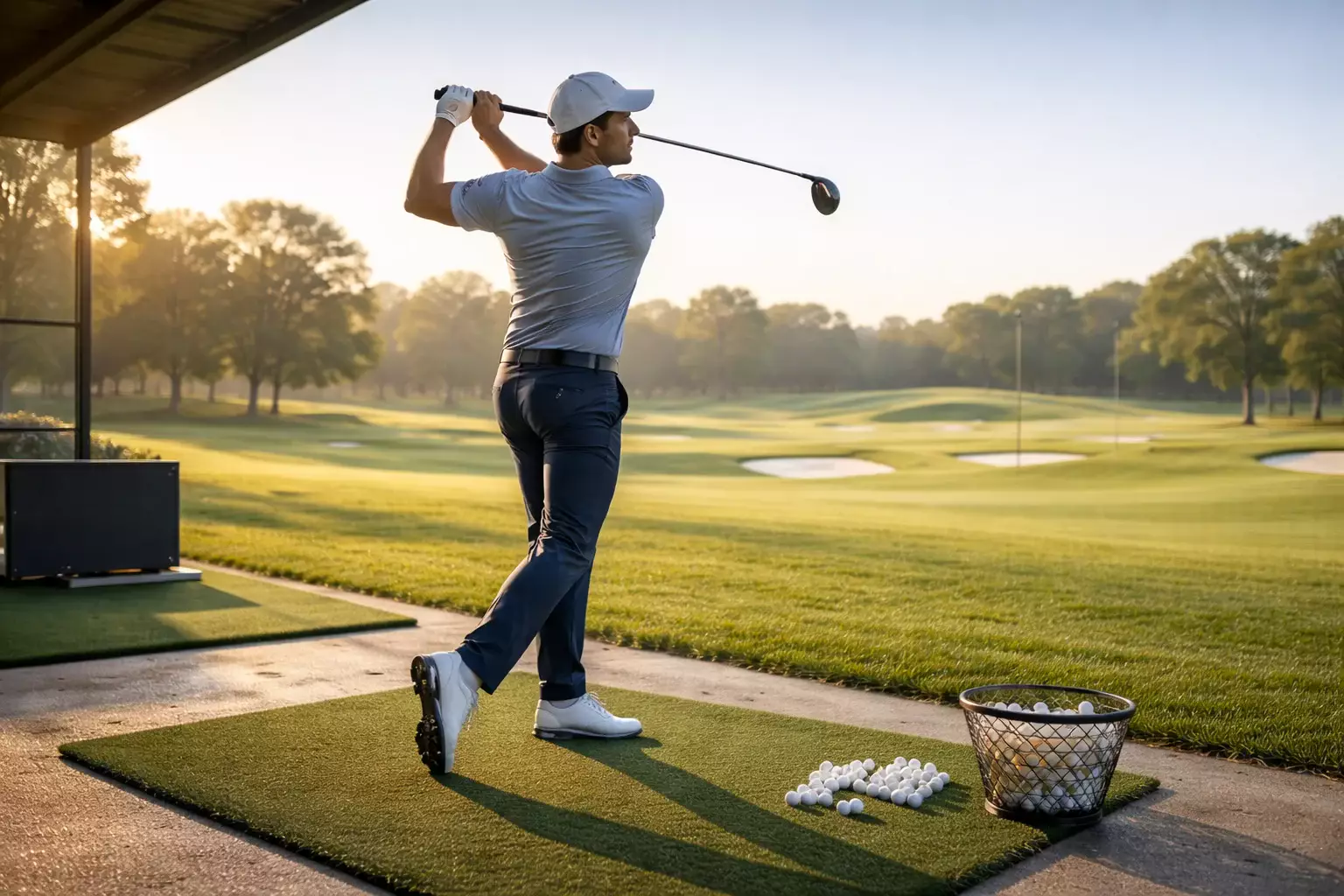 Golfer beim konzentrierten Training auf der Driving Range