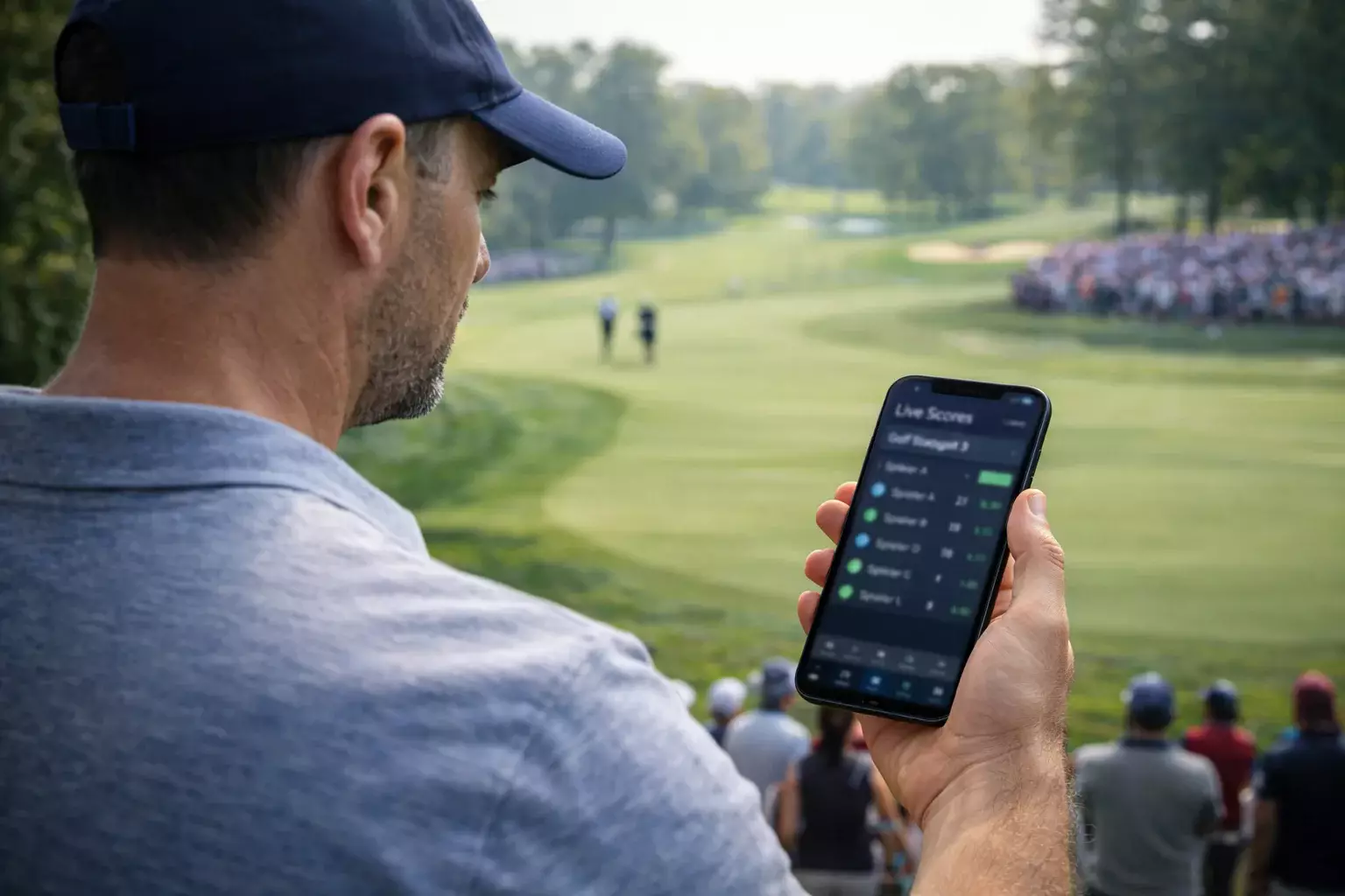 Fan verfolgt Golfturnier live auf Smartphone im Stadion
