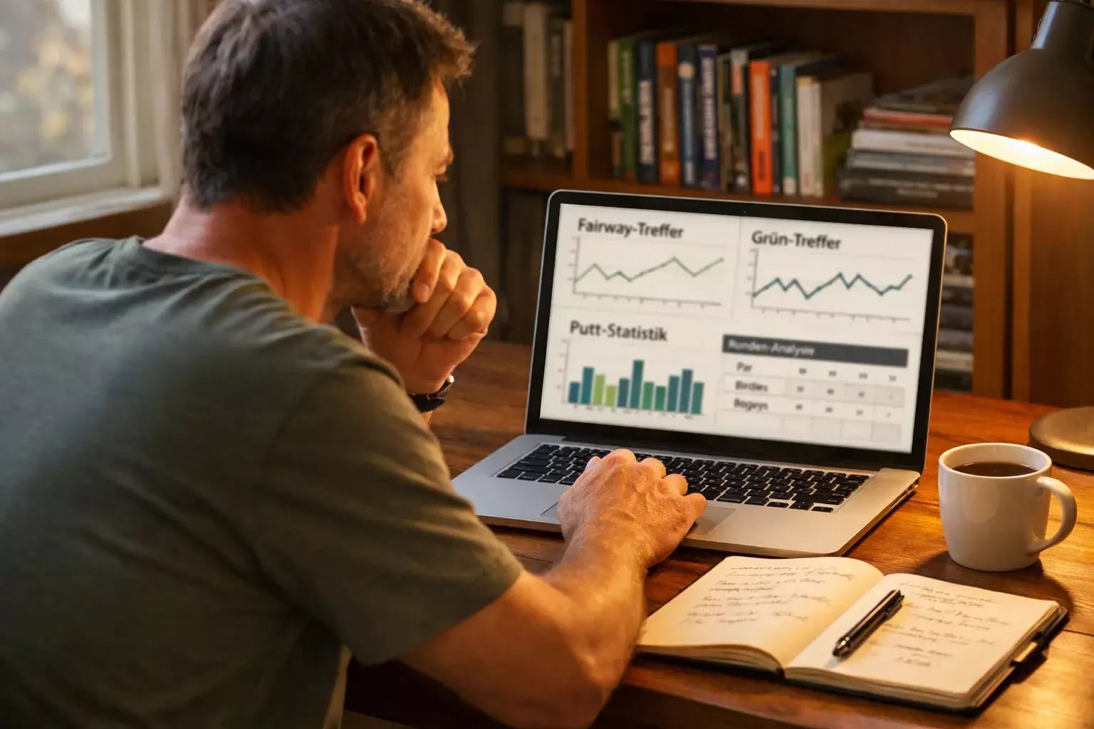 Person analysiert Golfstatistiken am Laptop mit Notizbuch