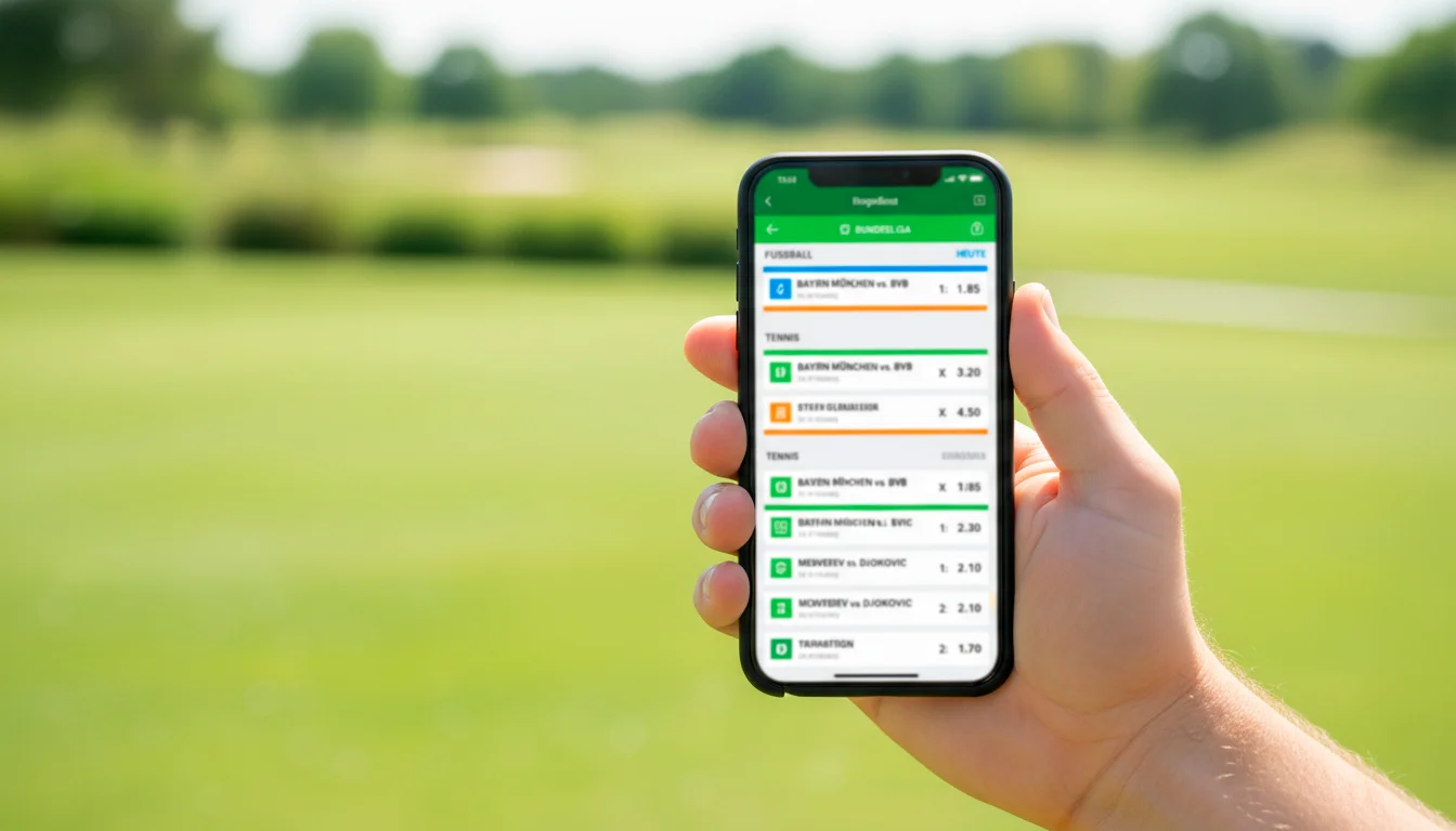 Smartphone mit Sportwetten-App vor einem Golfplatz – Golf Wettanbieter Vergleich