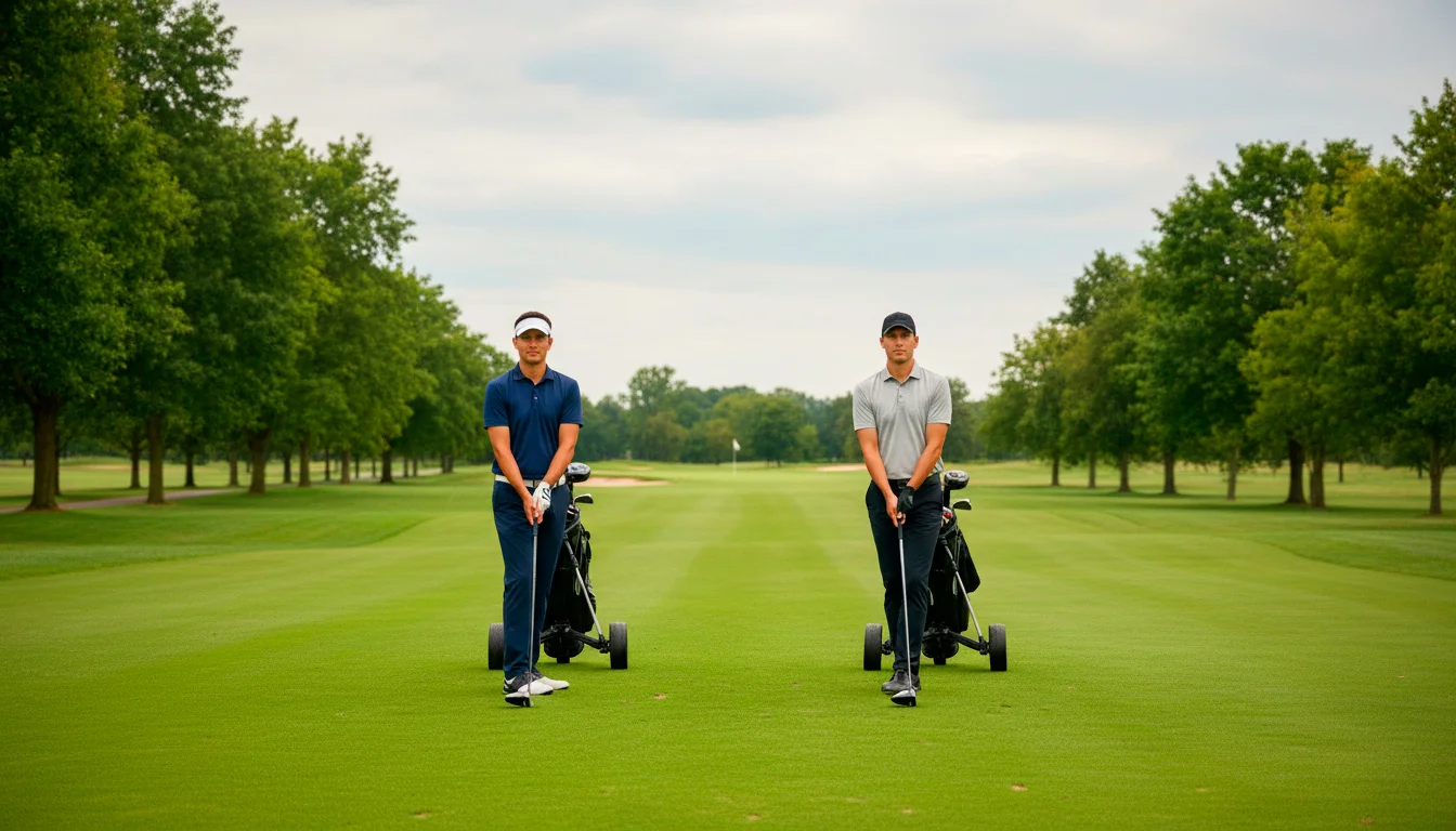 Zwei Golfspieler im direkten Duell auf dem Fairway – Head-to-Head Wetten Golf