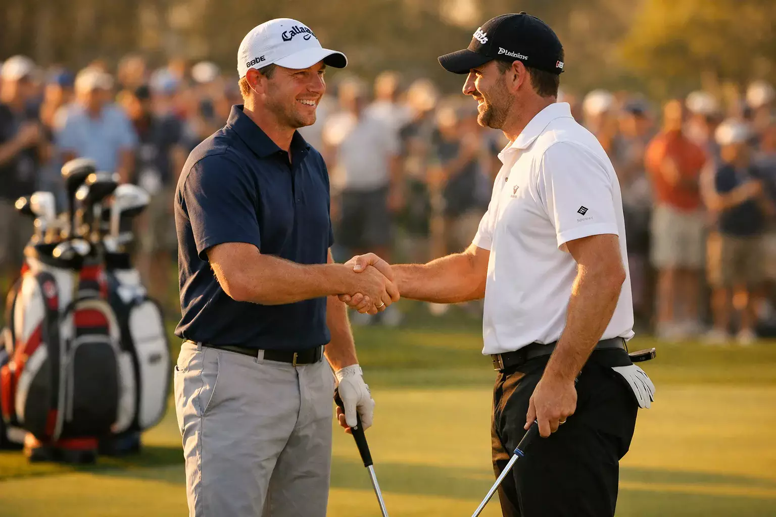 Zwei Golfspieler geben sich die Hand auf dem Golfplatz