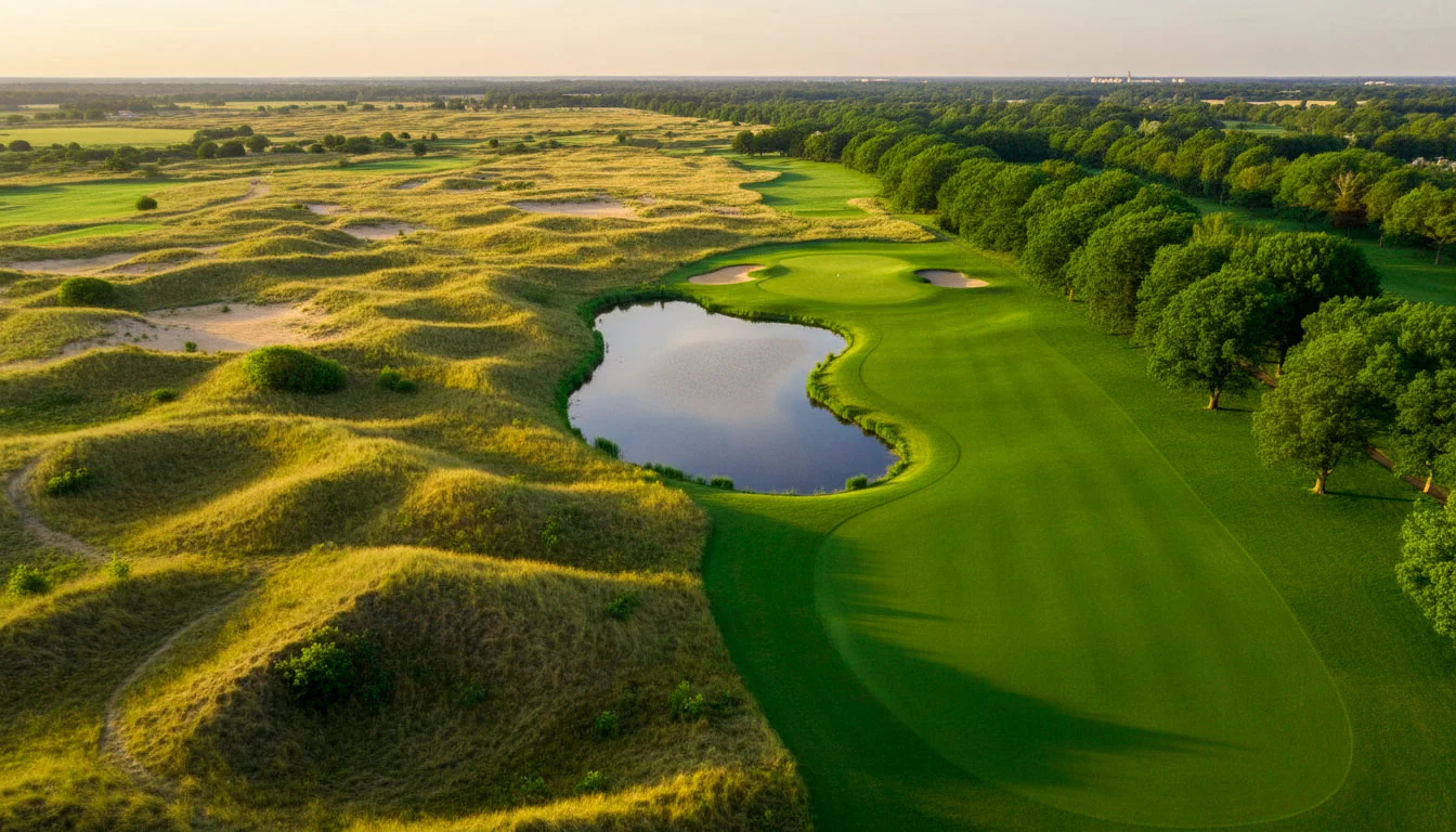 Panoramablick auf einen Golfplatz mit verschiedenen Bahnen – Kursanalyse Golf Wetten