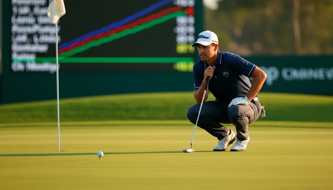 Golfspieler auf dem Grün mit Leaderboard im Hintergrund – Platzierungswetten Golf