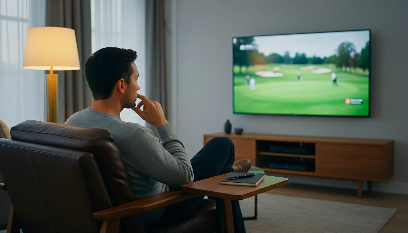 Mann sitzt nachdenklich vor einem Fernseher mit Golfturnier – Psychologie Golfwetten