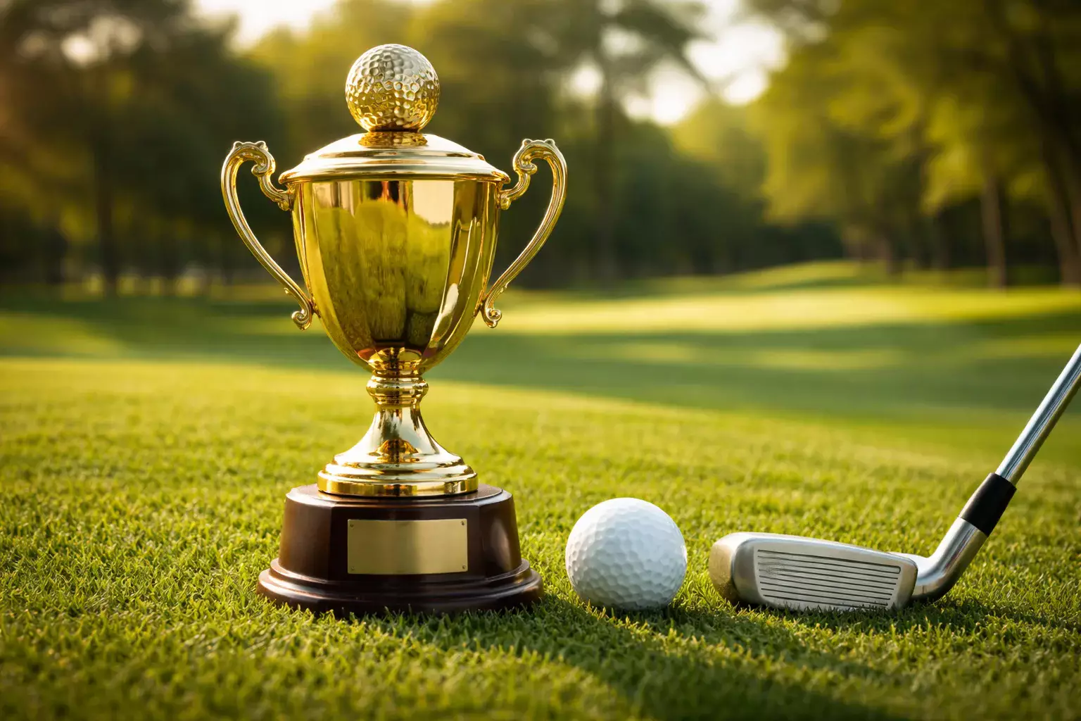 Golftrophäe auf grünem Rasen mit Golfausrüstung