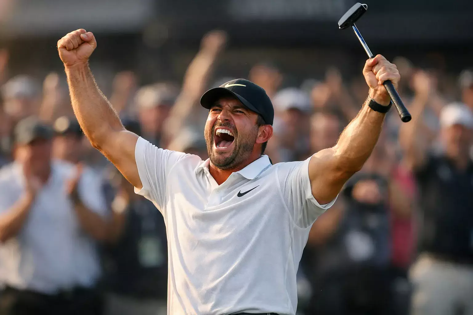 Golfer feiert einen erfolgreichen Putt mit erhobenen Armen