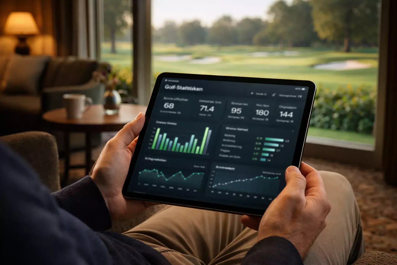 Person analysiert Golfdaten auf einem Tablet