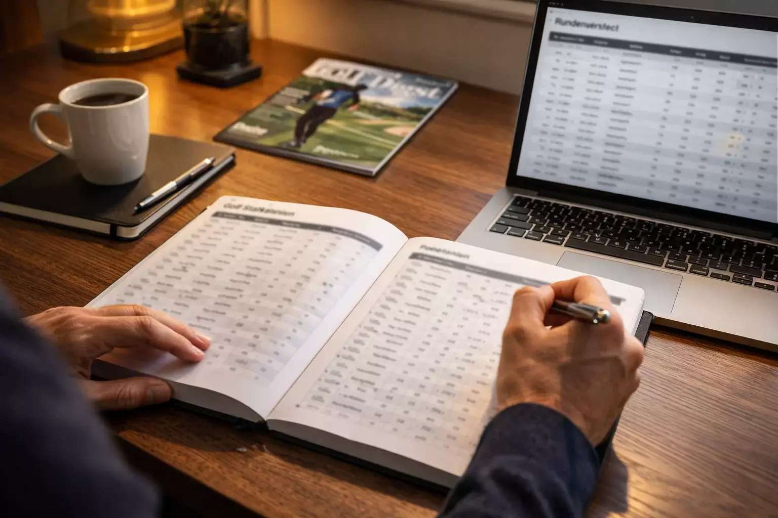 Person führt Wetttagebuch mit Laptop und Notizen
