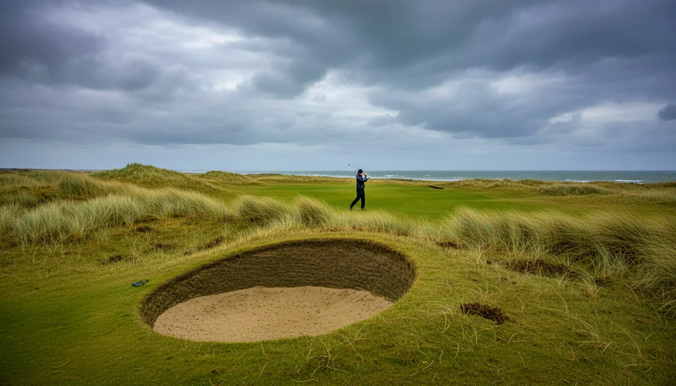 Golfspieler bei Wind und Dünenlandschaft auf einem Links-Kurs – The Open Wetten