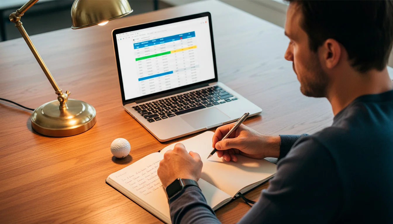 Mann analysiert Golfstatistiken am Laptop – Value Bets Golf finden