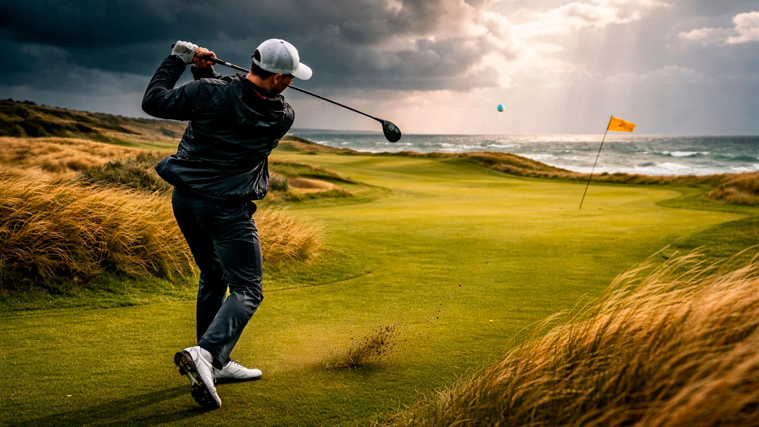 Golfspieler bei starkem Wind auf dem Fairway – Wetter und Wind Einfluss Golfwetten